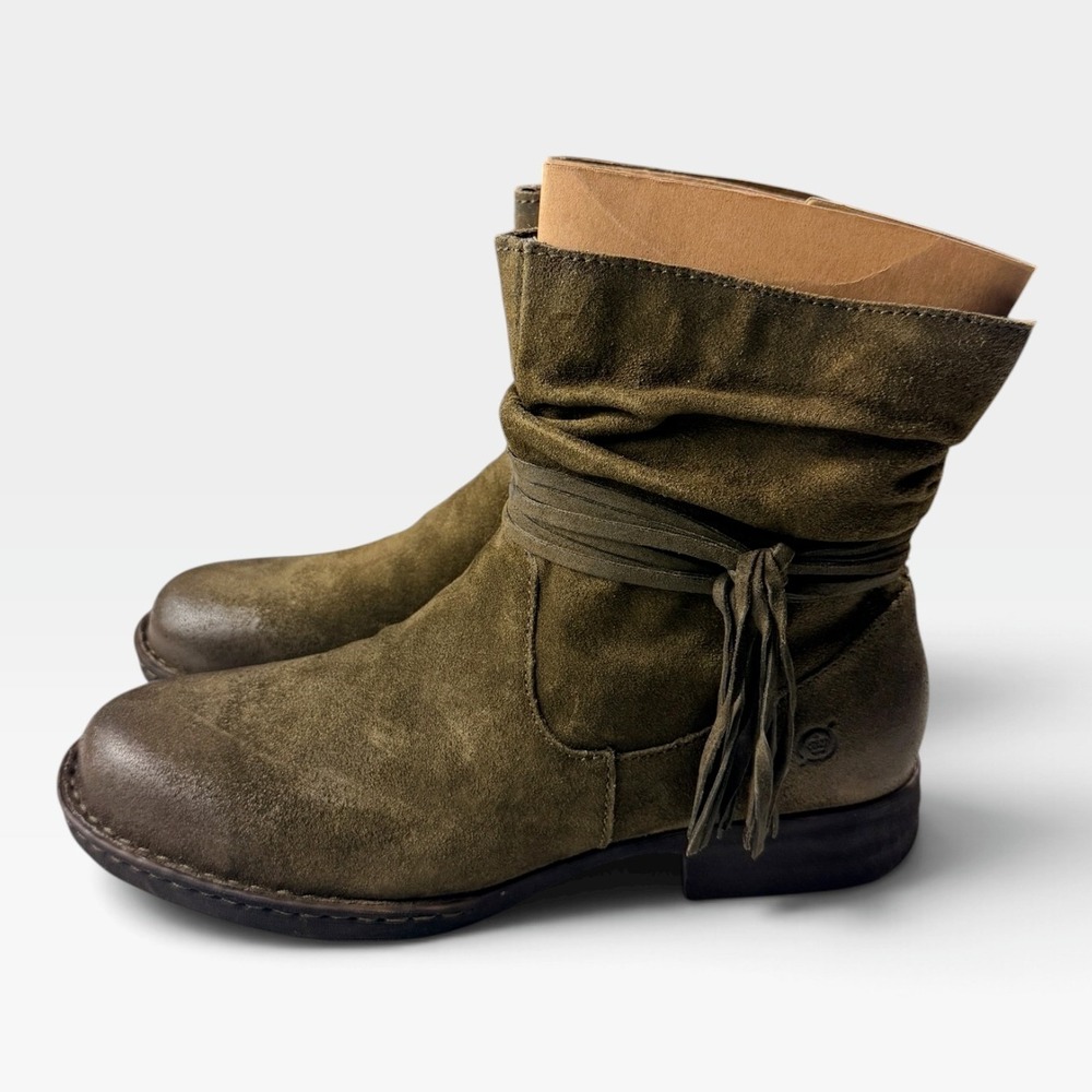 Born Cross Ankle Bootie Women 11 Green Herb Distressed Suede Tassel New - Picture 3 of 14